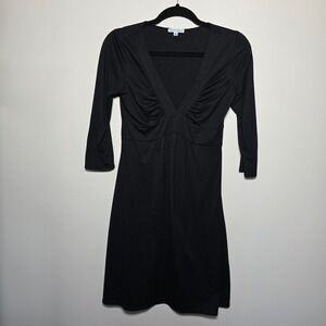 Velvet Torch Black V Neck 3/4 Sleeve Dress Ruched Empire Waist Womens M